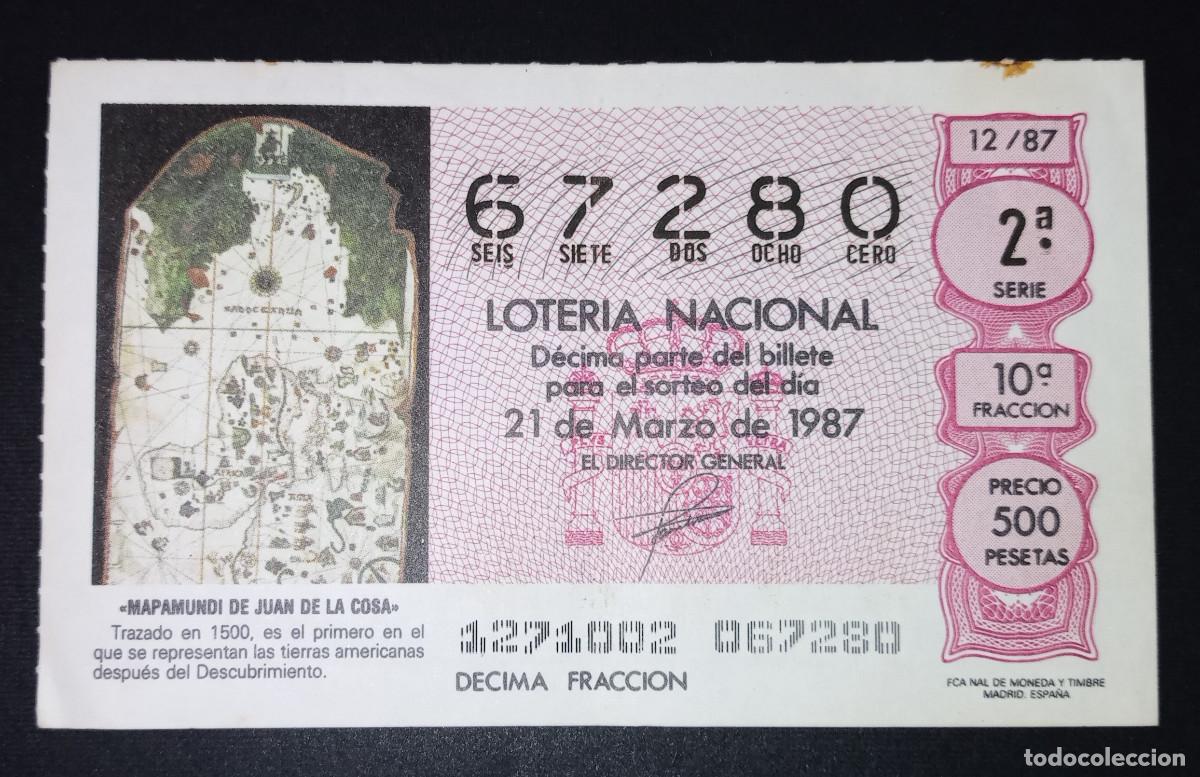 Loter&iacute;a Nacional: D&Eacute;CIMO DE LOTERIA - 21-MARZO-1987 - MAPAMUNDI DE JUAN DE LA COSA