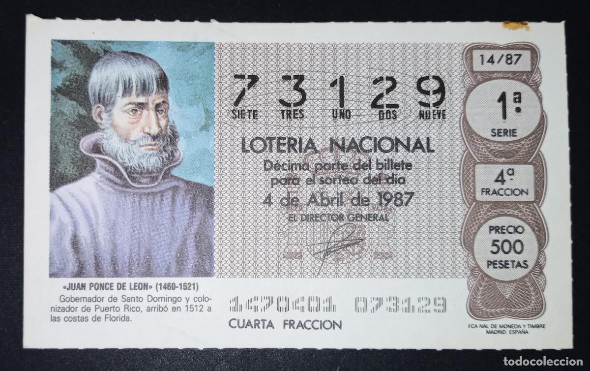 Loter&iacute;a Nacional: D&Eacute;CIMO DE LOTERIA - 4-ABRIL-1987 - JUAN PONCE DE LE&Oacute;N