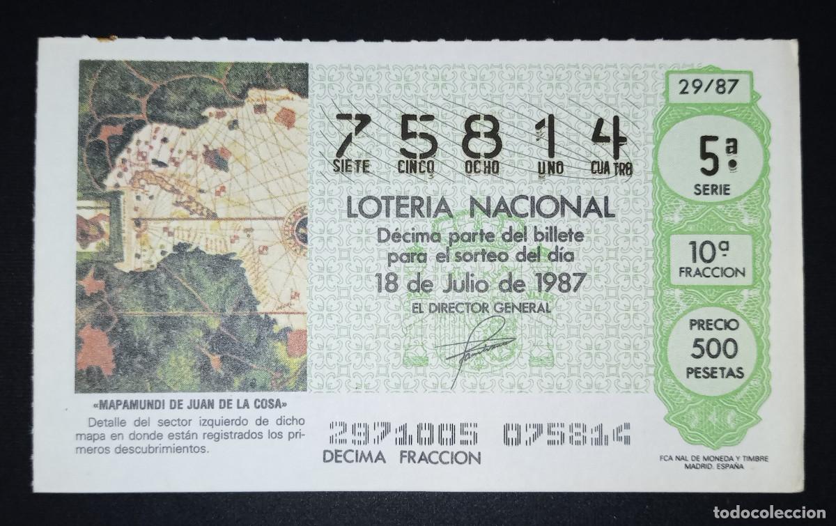 Loter&iacute;a Nacional: D&Eacute;CIMO DE LOTERIA - 18-JULIO-1987 - MAPAMUNDI DE JUAN DE LA COSA
