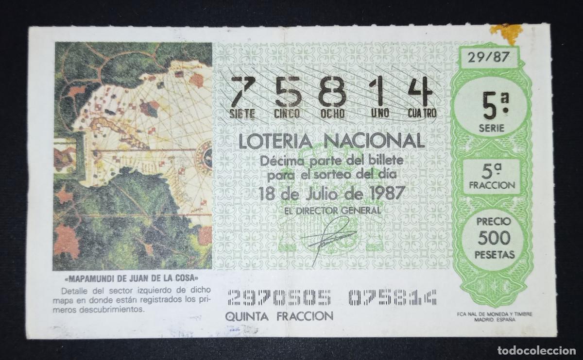 Loter&iacute;a Nacional: D&Eacute;CIMO DE LOTERIA - 18-JULIO-1987 - MAPAMUNDI DE JUAN DE LA COSA