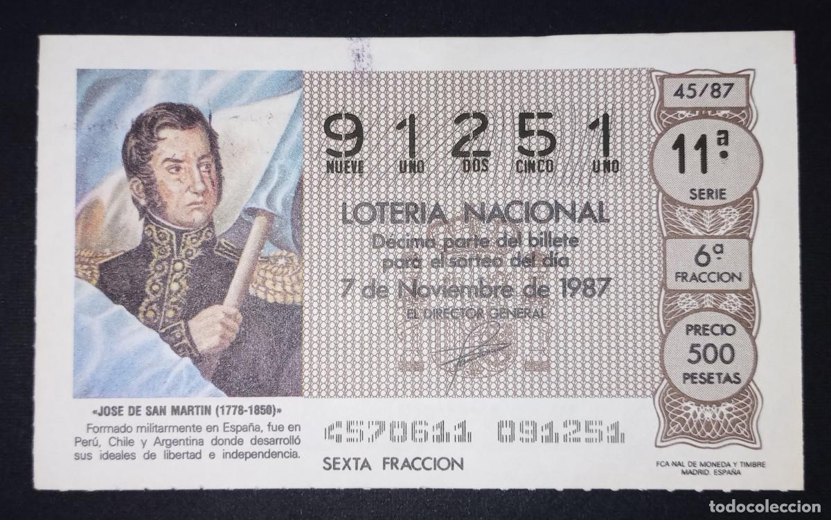 Loter&iacute;a Nacional: D&Eacute;CIMO DE LOTERIA - 7-NOVIEMBRE-1987 - JOSE DE SAN MARTIN