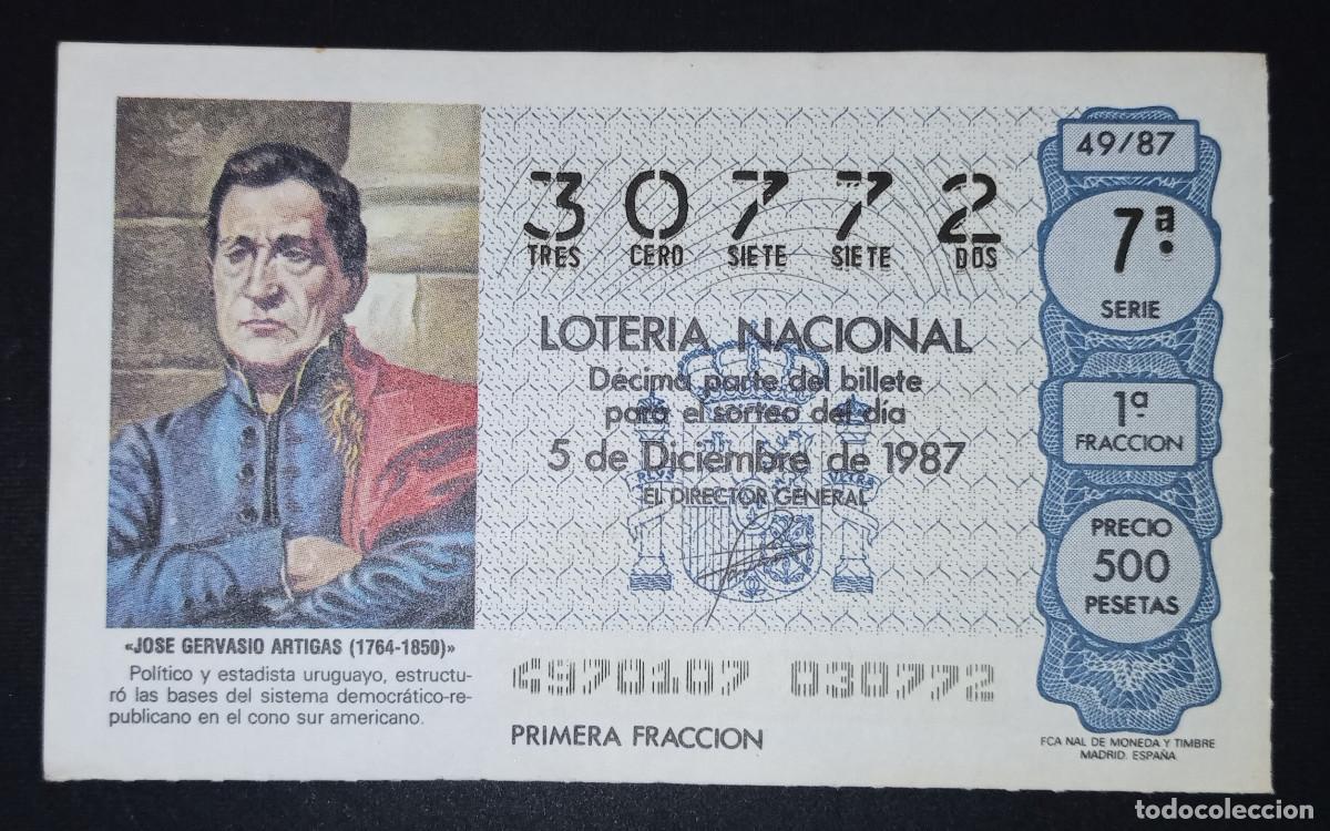 Loter&iacute;a Nacional: D&Eacute;CIMO DE LOTERIA - 5-DICIEMBRE-1987 - JOSE GERVASIO ARTIGAS