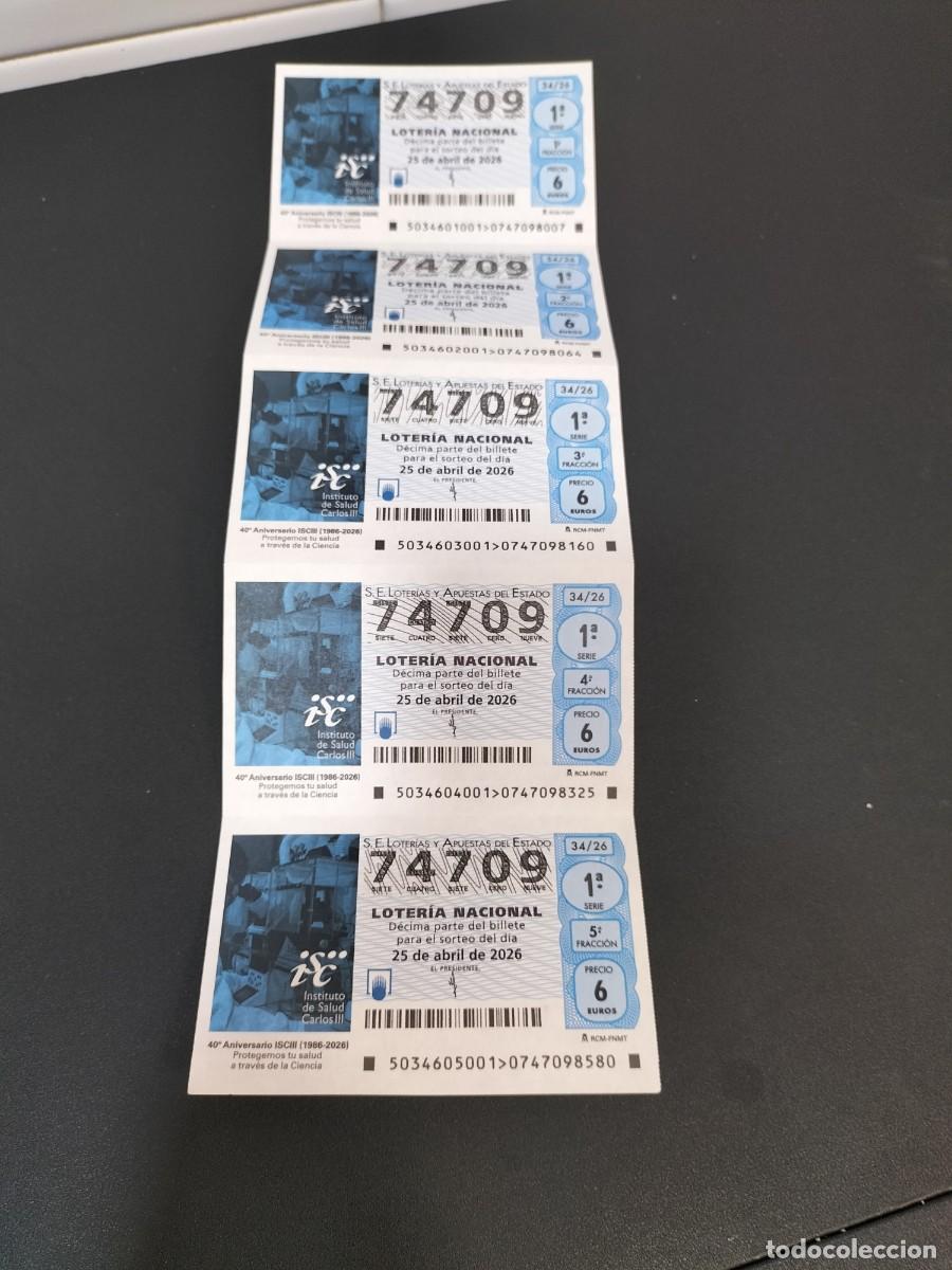Loter&iacute;a Nacional: 5 DECIMOS LOTERIA NACIONAL JUEVES 25 ABRIL 2026 34/26 40&deg; ANIVERSAR ISCIII INST SALUD CARLOS III