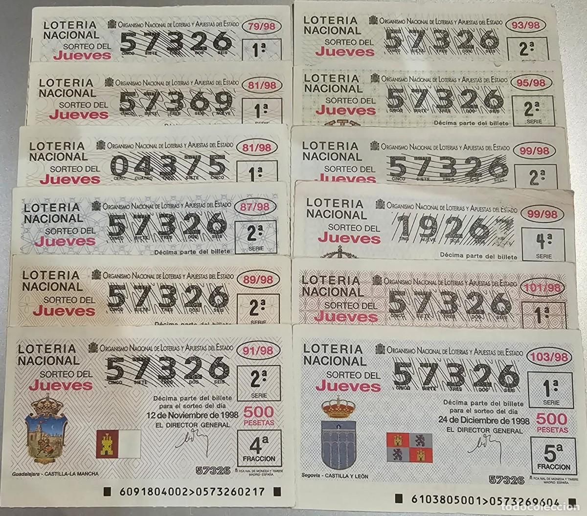 Loter&iacute;a Nacional: Lote 12 Billetes Loter&iacute;a Nacional Jueves 1998