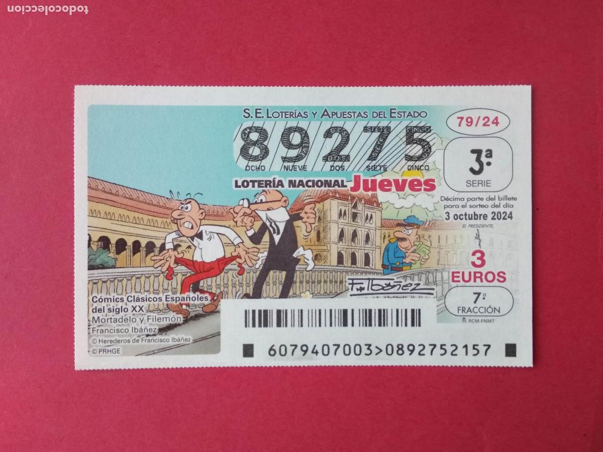 Loter&iacute;a Nacional: DECIMO DE LOTERIA NACIONAL JUEVES COMICS CLASICOS ESPA&Ntilde;OLES A&Ntilde;O 2024 SORTEO N 79 MORTADELO Y FILEMON