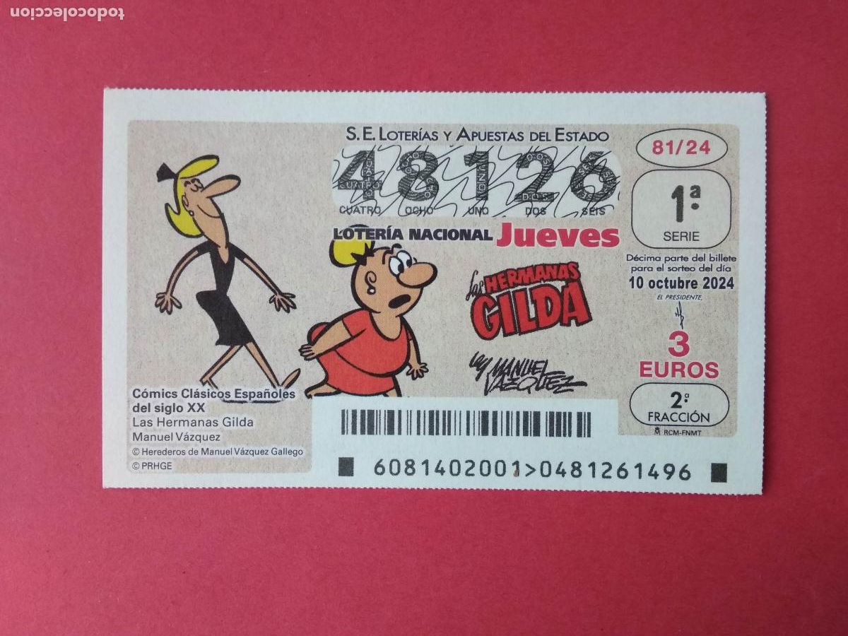 Loter&iacute;a Nacional: DECIMO DE LOTERIA NACIONAL JUEVES COMICS CLASICOS ESPA&Ntilde;OLES A&Ntilde;O 2024 SORTEO N 71 LAS HERMANAS GILDA