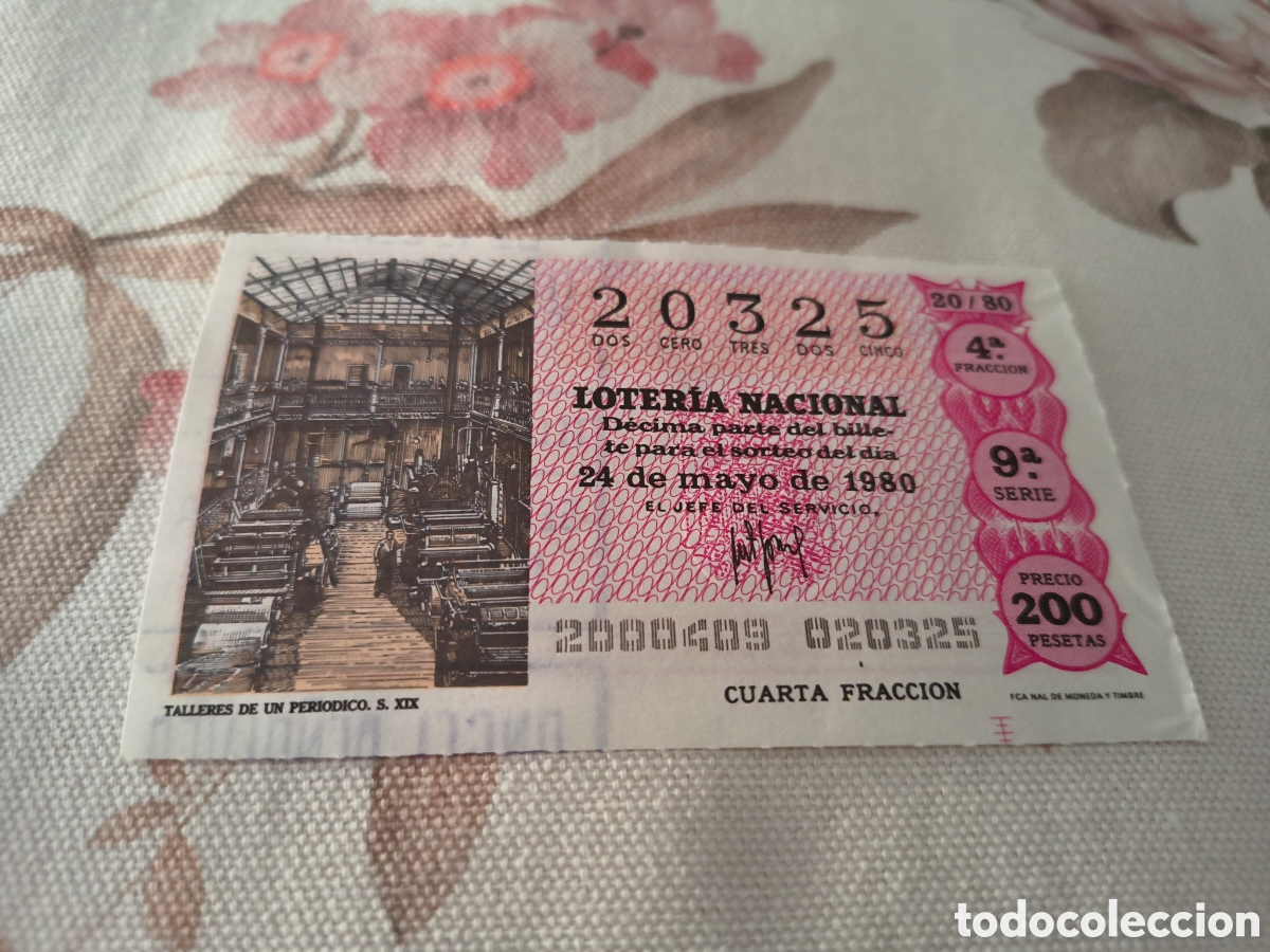 Loter&iacute;a Nacional: DECIMO DE LA LOTERIA NACIONAL. SORTEO 24 MAYO 1980 20/80 TALLERES DE UN PERIODICO S. XIX