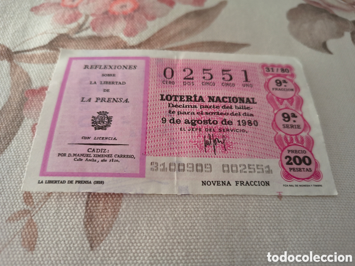 Loter&iacute;a Nacional: DECIMO DE LA LOTERIA NACIONAL. SORTEO 9 AGOSTO 1980 31/80 LA LIBERTAD DE PRENSA 1810