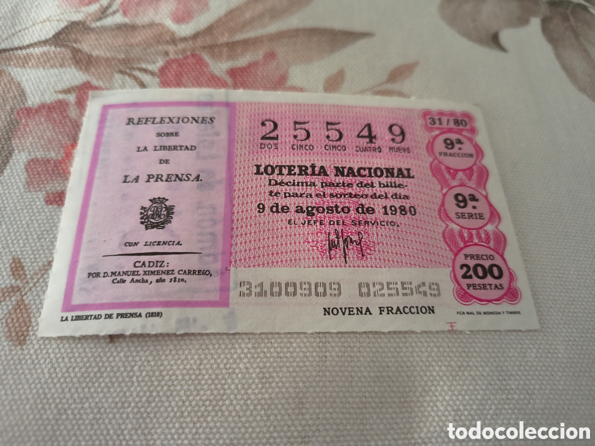 Loter&iacute;a Nacional: DECIMO DE LA LOTERIA NACIONAL. SORTEO 9 AGOSTO 1980 31/80 LA LIBERTAD DE PRENSA 1810