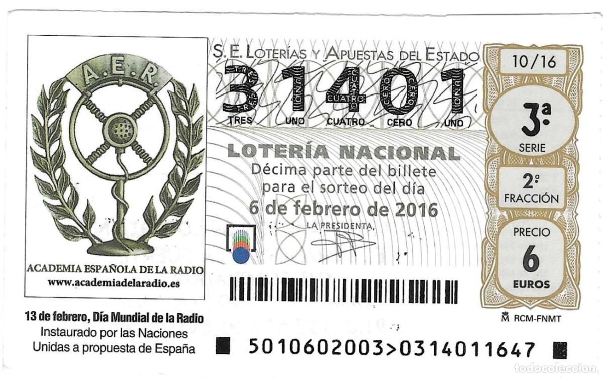 Loter&iacute;a Nacional: D&eacute;cimo Loter&iacute;a Nacional, a&ntilde;o 2016, sorteo n&ordm; 10. D&iacute;a Mundial de la Radio. ref. 9-1610