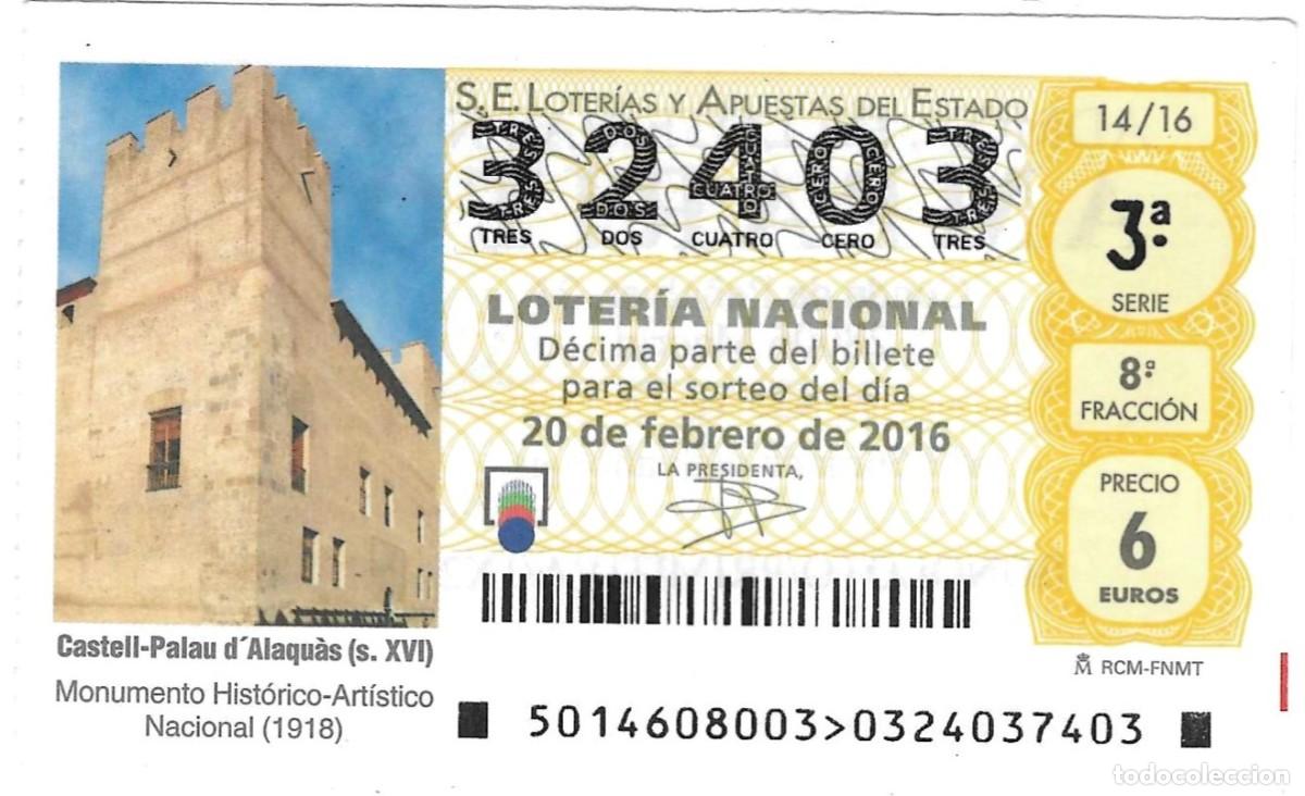 Loter&iacute;a Nacional: D&eacute;cimo Loter&iacute;a Nacional, a&ntilde;o 2016, sorteo n&ordm; 14. Castell-Palau d'Alaqu&aacute;s. ref. 9-1614