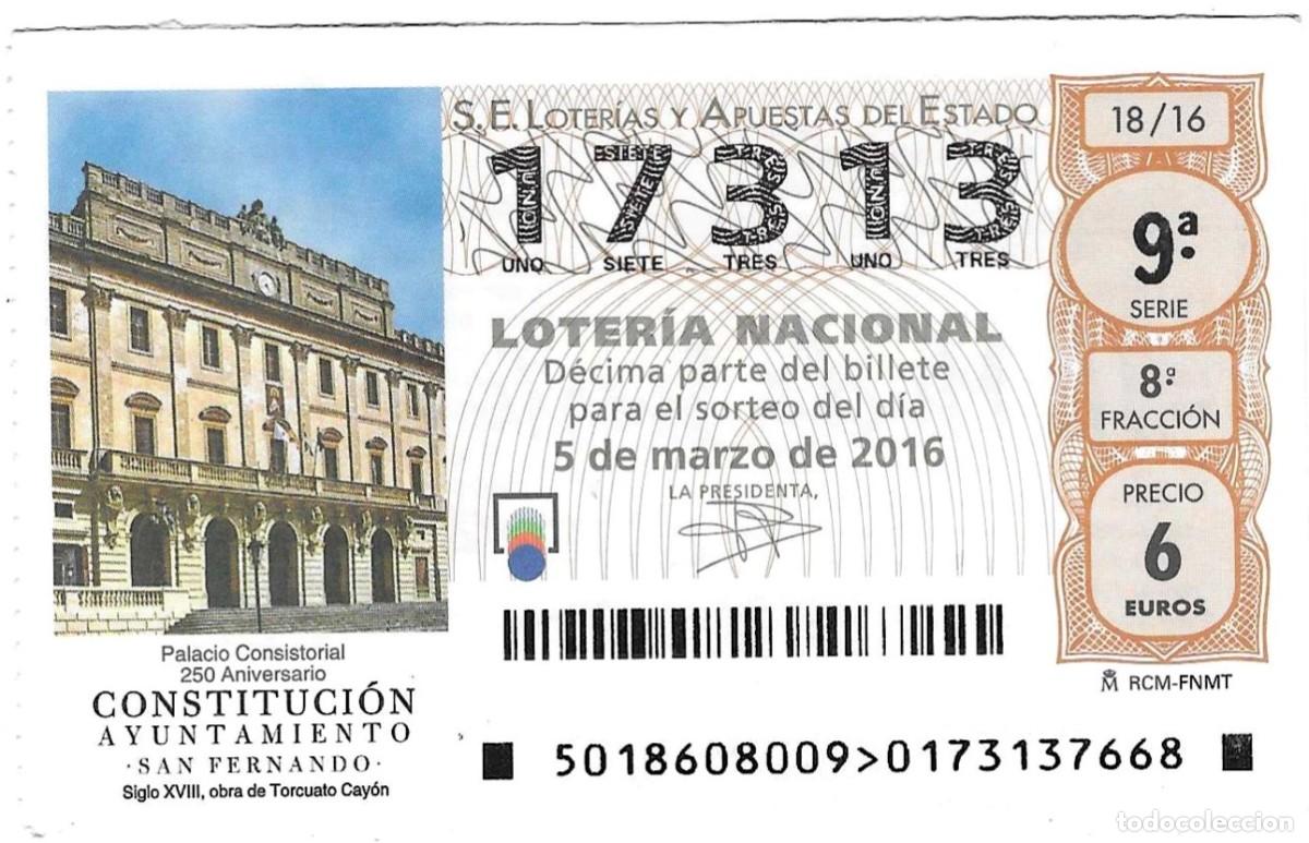 Loter&iacute;a Nacional: D&eacute;cimo Loter&iacute;a Nacional, a&ntilde;o 2016, sorteo n&ordm; 18. Palacio Consistorial. ref. 9-1618