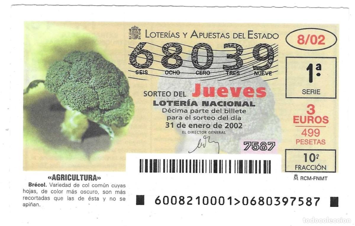 Loter&iacute;a Nacional: D&eacute;cimo Loter&iacute;a del Jueves, a&ntilde;o 2002 sorteo n&ordm; 8. Agricultura. Br&eacute;col. ref. 10-0208