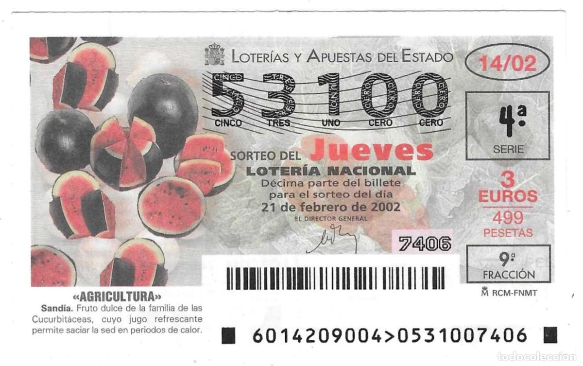 Loter&iacute;a Nacional: D&eacute;cimo Loter&iacute;a Nacional, a&ntilde;o 2002, sorteo n&ordm; 14. Agricultura. Sand&iacute;a. ref. 10-0214