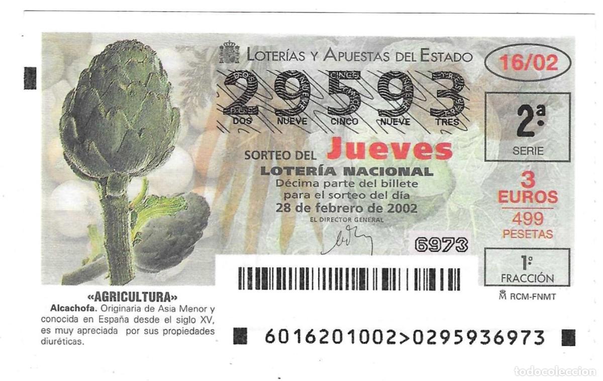 Loter&iacute;a Nacional: D&eacute;cimo Loter&iacute;a Nacional, a&ntilde;o 2002 sorteo n&ordm; 16. Agricultura. Alcachofa. ref. 10-0216