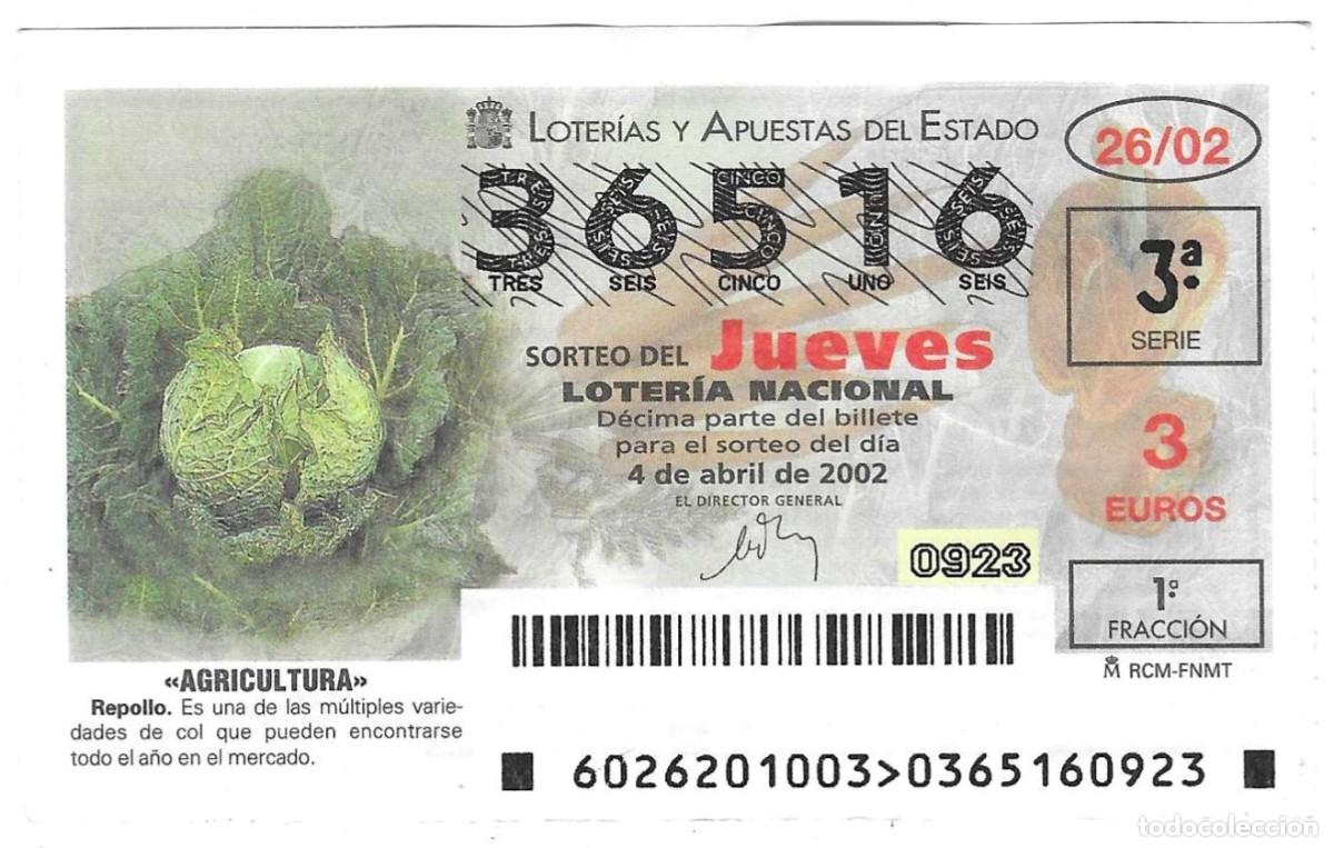 Loter&iacute;a Nacional: D&eacute;cimo Loter&iacute;a del Jueves, a&ntilde;o 2002 sorteo n&ordm; 26. Agricultura. Repollo. ref. 10-0226