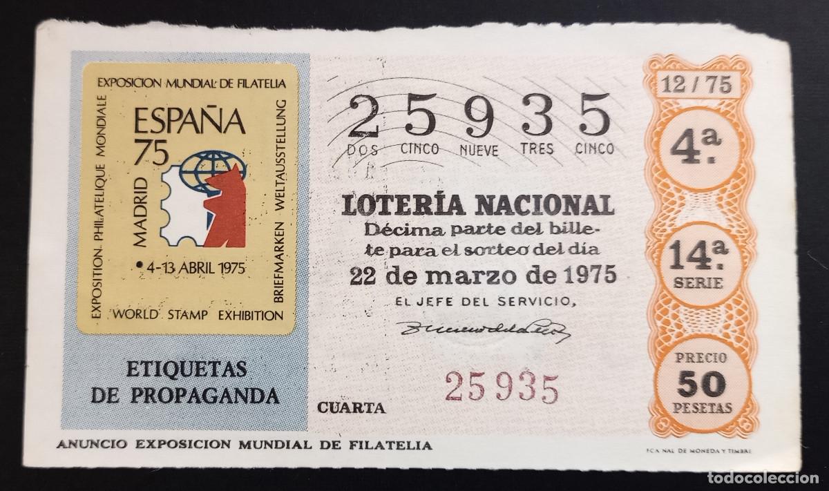 Nationale spanische Lotterie: D&Eacute;CIMO DE LOTERIA - 22-MARZO-1975 - ANUNCIO EXPOSICI&Oacute;N MUNDIAL DE FILATELIA