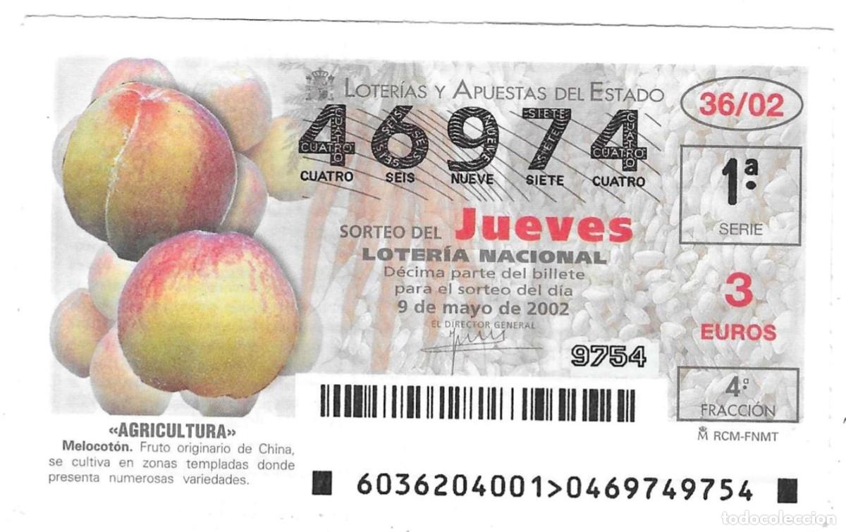 Loter&iacute;a Nacional: D&eacute;cimo Loter&iacute;a del Jueves, a&ntilde;o 2002, sorteo 36. Agricultura. Melocot&oacute;n. ref. 10-0236