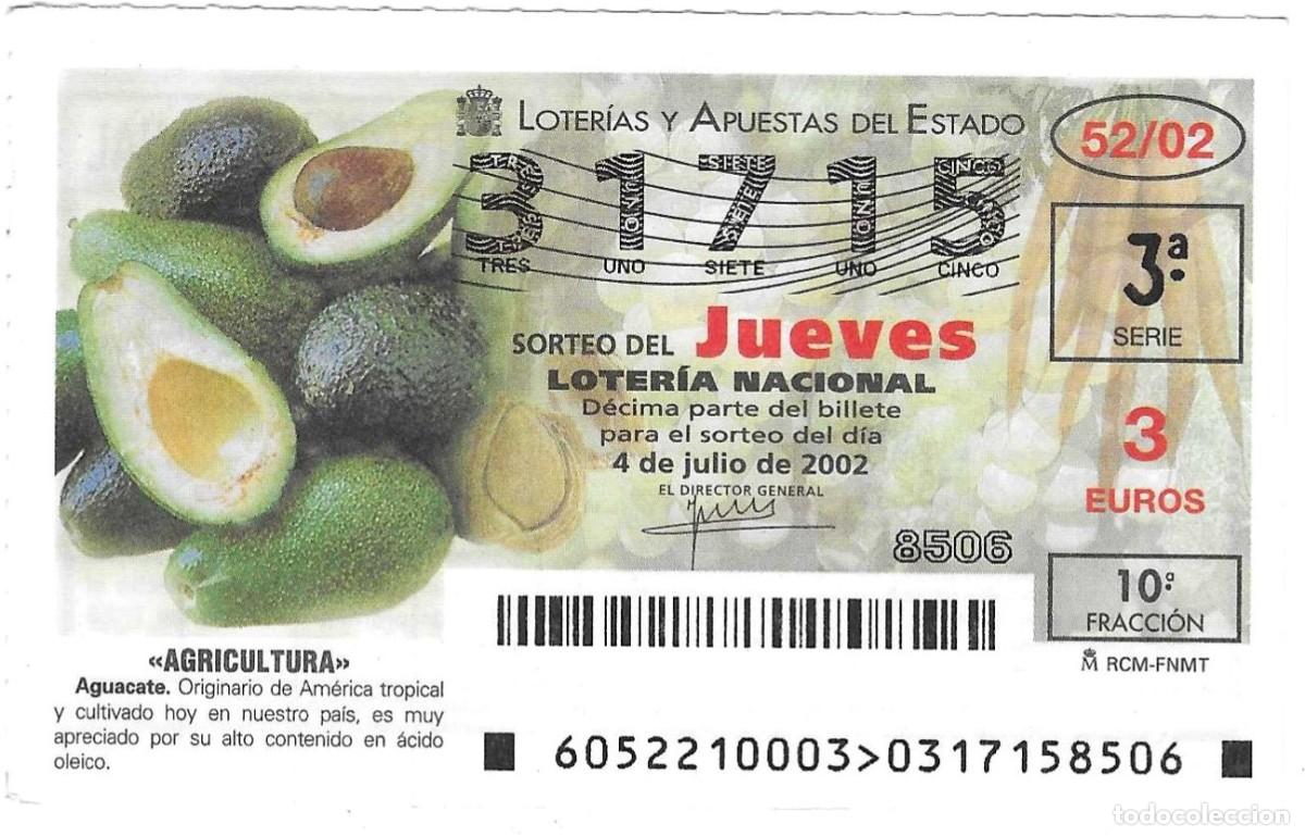 Loter&iacute;a Nacional: D&eacute;cimo Loter&iacute;a del Jueves, a&ntilde;o 2002, sorteo n&ordm; 52. Agricultura. Aguacate. ref. 10-0252