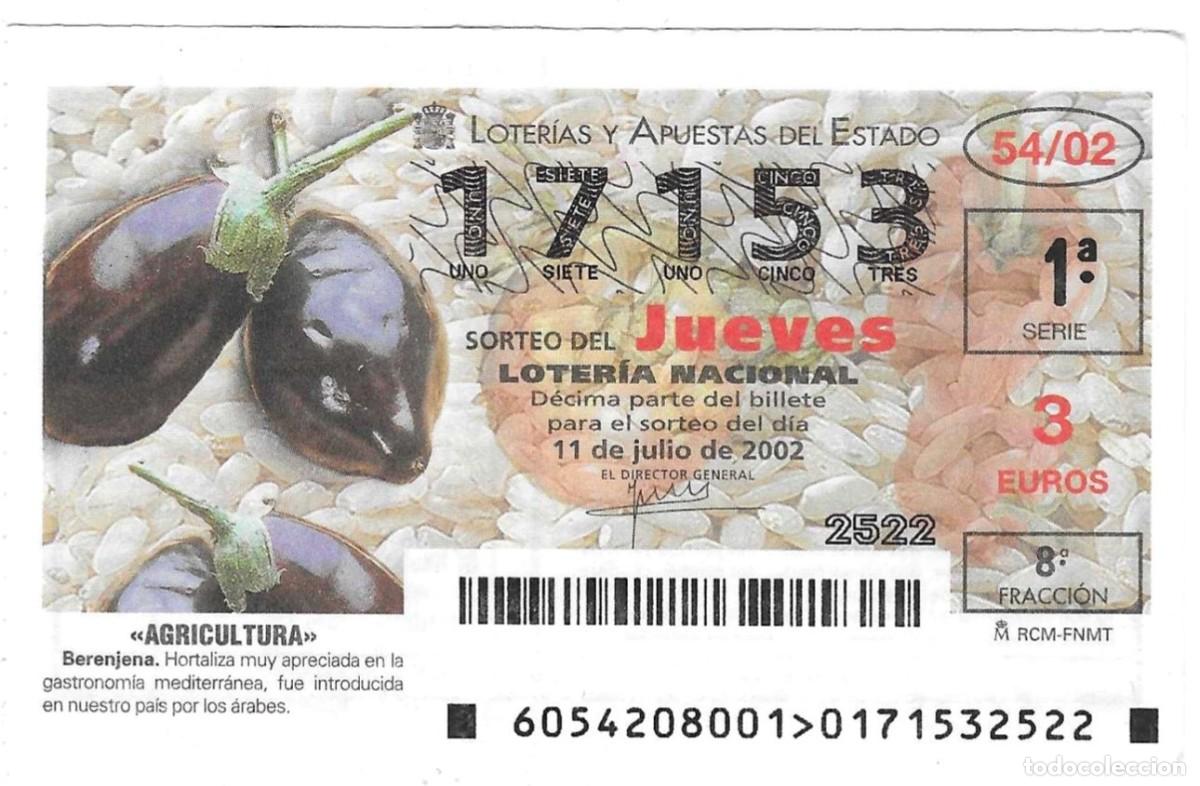 Loter&iacute;a Nacional: D&eacute;cimo Loter&iacute;a del Jueves, a&ntilde;o 2002, sorteo n&ordm; 54. Agricultura. Berenjena. ref. 10-0254