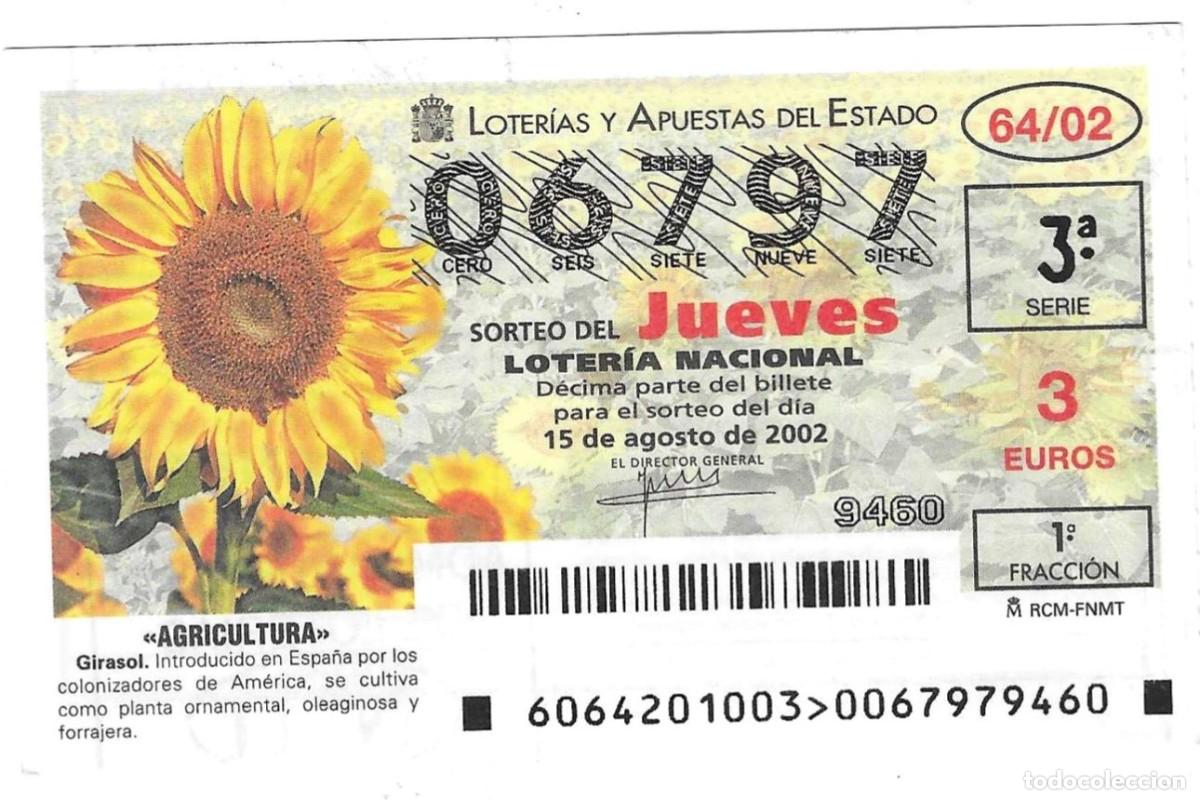 Loter&iacute;a Nacional: D&eacute;cimo Loter&iacute;a del Jueves, sorteo n&ordm; 64 de 2002. Agricultura. Girasol. ref. 10-0264