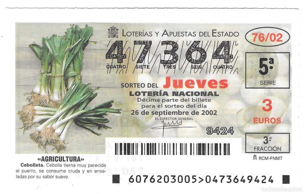 Loter&iacute;a Nacional: D&eacute;cimo Loter&iacute;a del Jueves, sorteo n&ordm; 76 de 2002. Agricultura. Cebolleta. ref. 10-0276