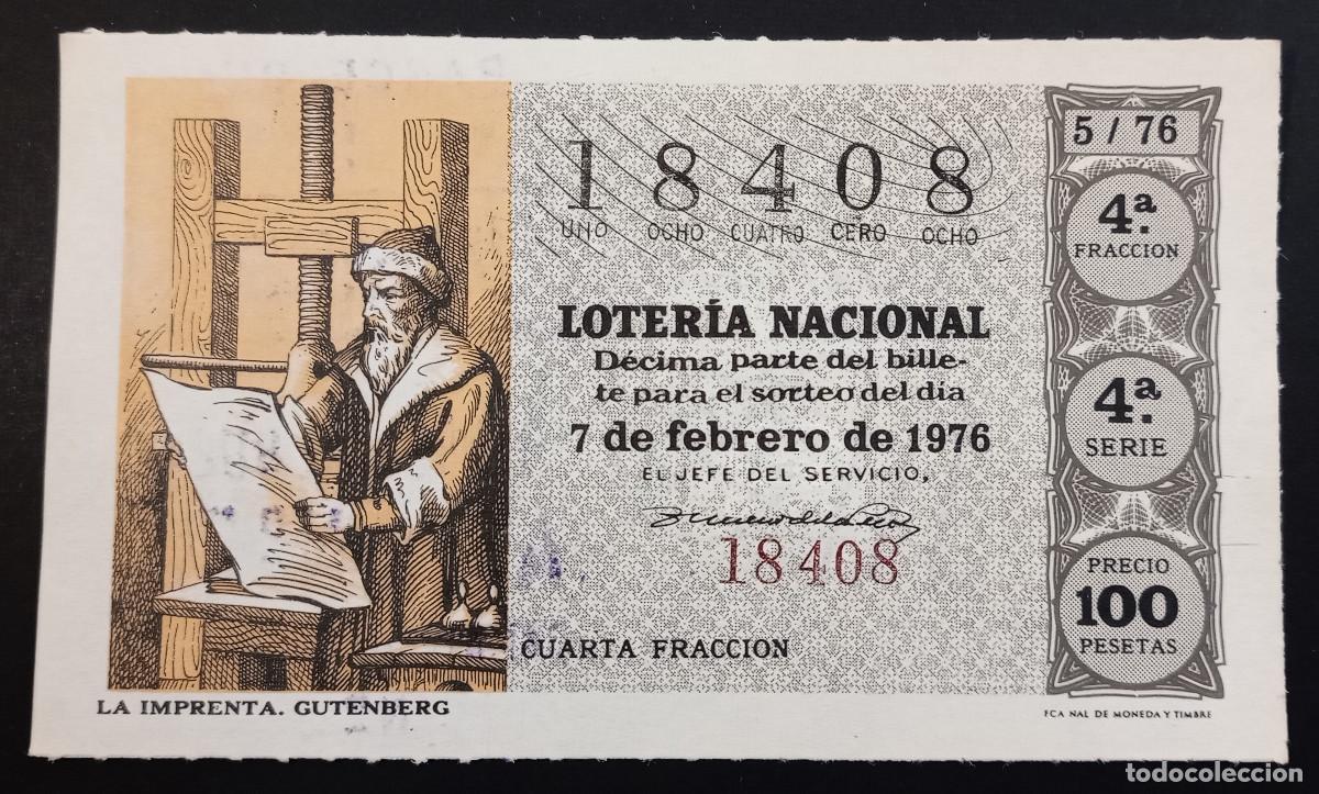Loter&iacute;a Nacional: D&Eacute;CIMO DE LOTERIA - 7-FEBRERO-1976 - LA IMPRENTA, GUTENBERG