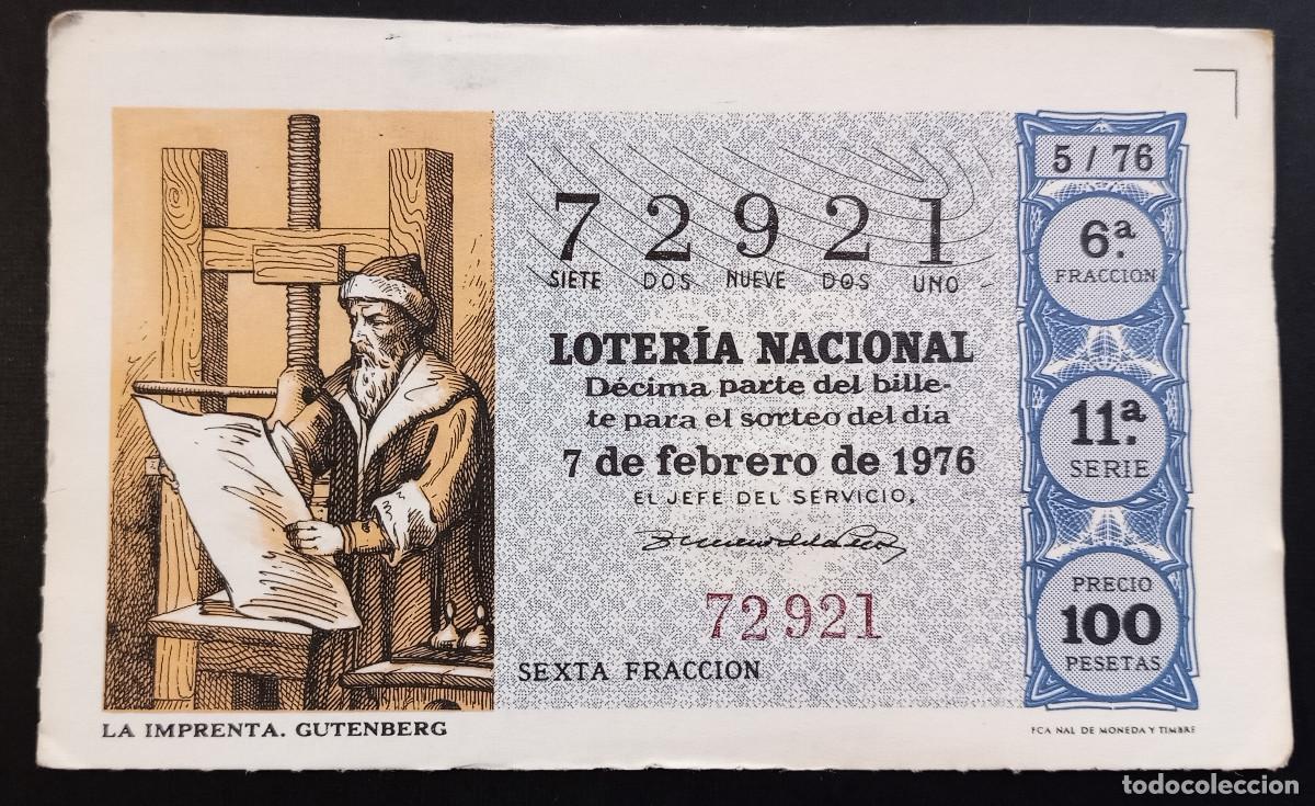 Loter&iacute;a Nacional: D&Eacute;CIMO DE LOTERIA - 7-FEBRERO-1976 - LA IMPRENTA, GUTENBERG