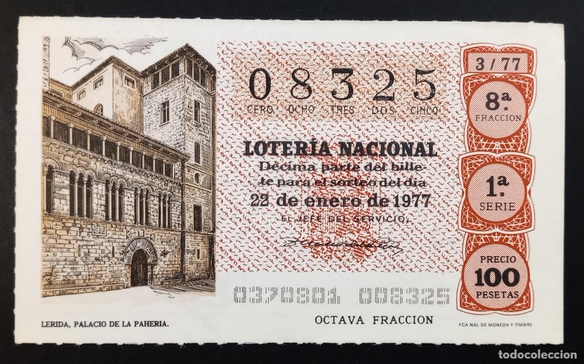 National Spanish Lottery: D&Eacute;CIMO DE LOTERIA - 22-ENERO-1977 - L&Eacute;RIDA, PALACIO DE LA PAHERIA
