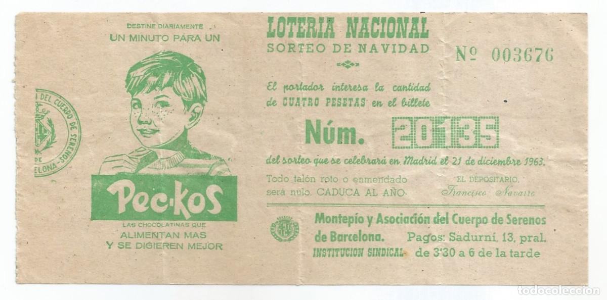 Loter&iacute;a Nacional: PARTICIPACI&Oacute;N PARA SORTEO DE NAVIDAD - 1963 - CUERPO DE SERENOS DE BARCELONA/PEC-KOS