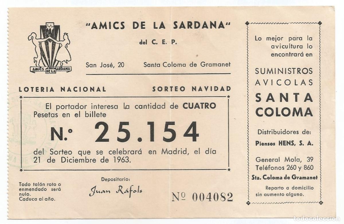Loter&iacute;a Nacional: PARTICIPACI&Oacute;N PARA SORTEO DE NAVIDAD - 1963 - AMICS DE LA SARDANA, SANTA COLOMA DE GRAMANET