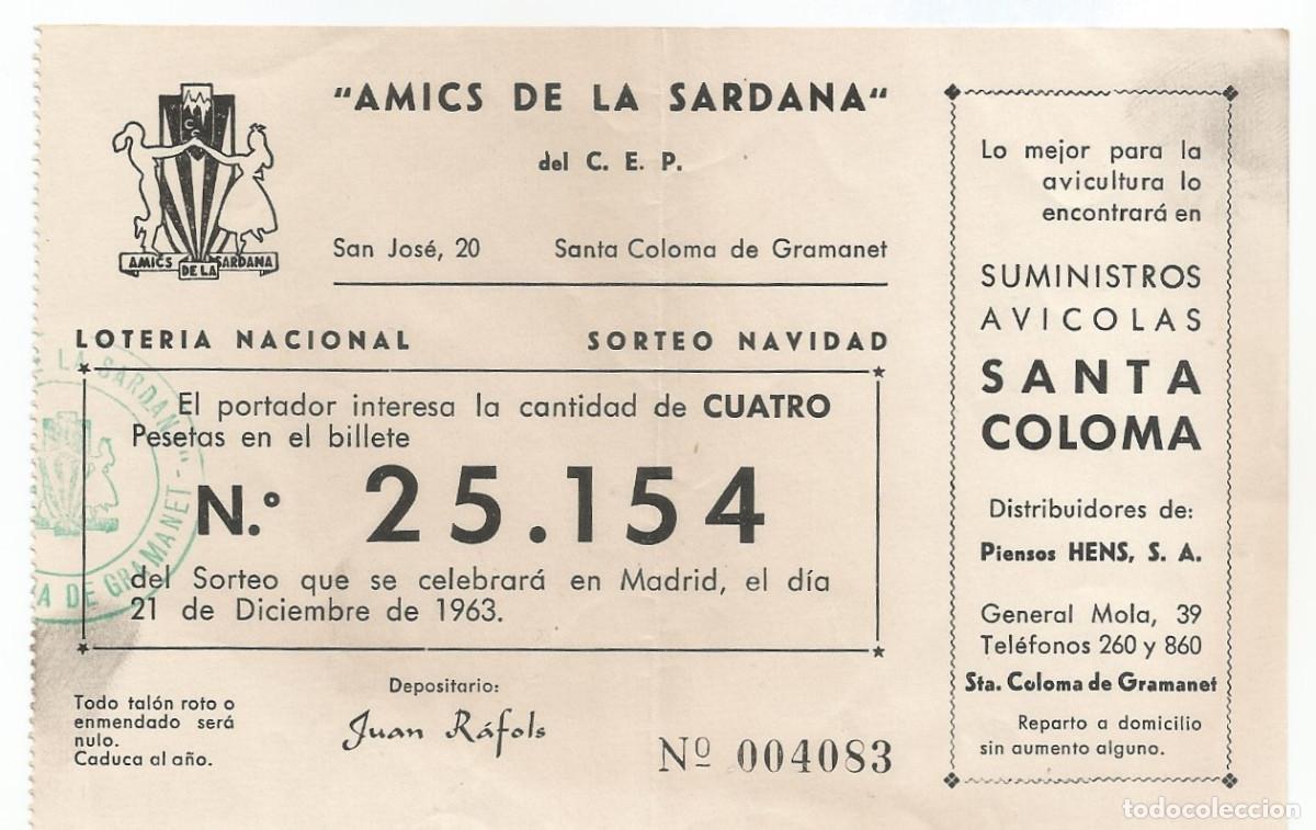 Loter&iacute;a Nacional: PARTICIPACI&Oacute;N PARA SORTEO DE NAVIDAD - 1963 - AMICS DE LA SARDANA, SANTA COLOMA DE GRAMANET