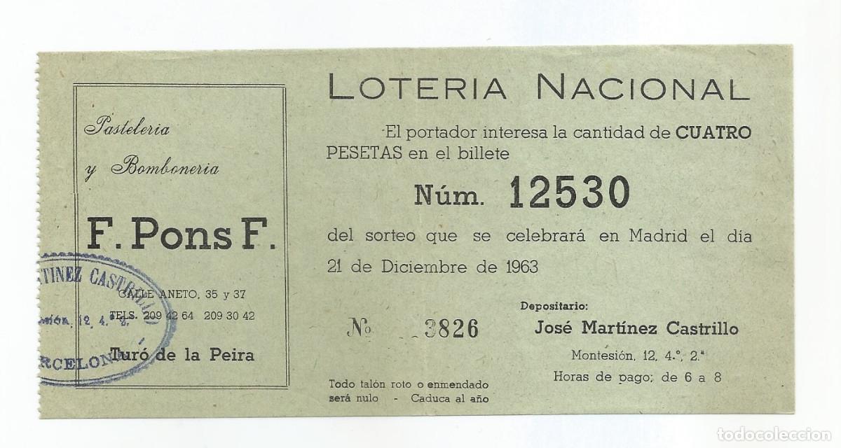 Loter&iacute;a Nacional: PARTICIPACI&Oacute;N PARA SORTEO DE NAVIDAD - 1963 - PASTELERIA F.PONS, TUR&Oacute; DE LA PEIRA