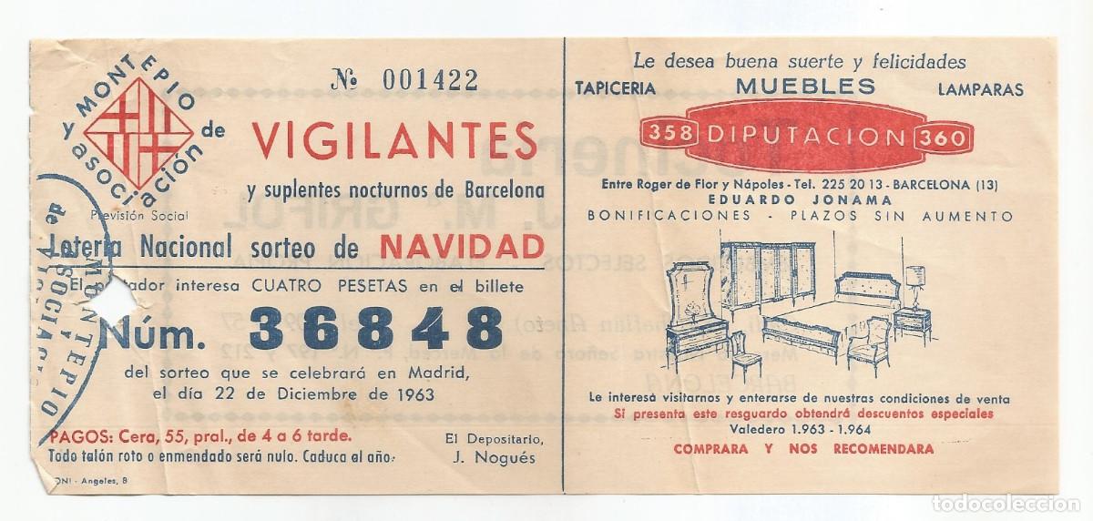 Loter&iacute;a Nacional: PARTICIPACI&Oacute;N PARA SORTEO DE NAVIDAD - 1963 - VIGILANTES NOCTURNOS DE BARCELONA/MUEBLES DIPUTACI&Oacute;N