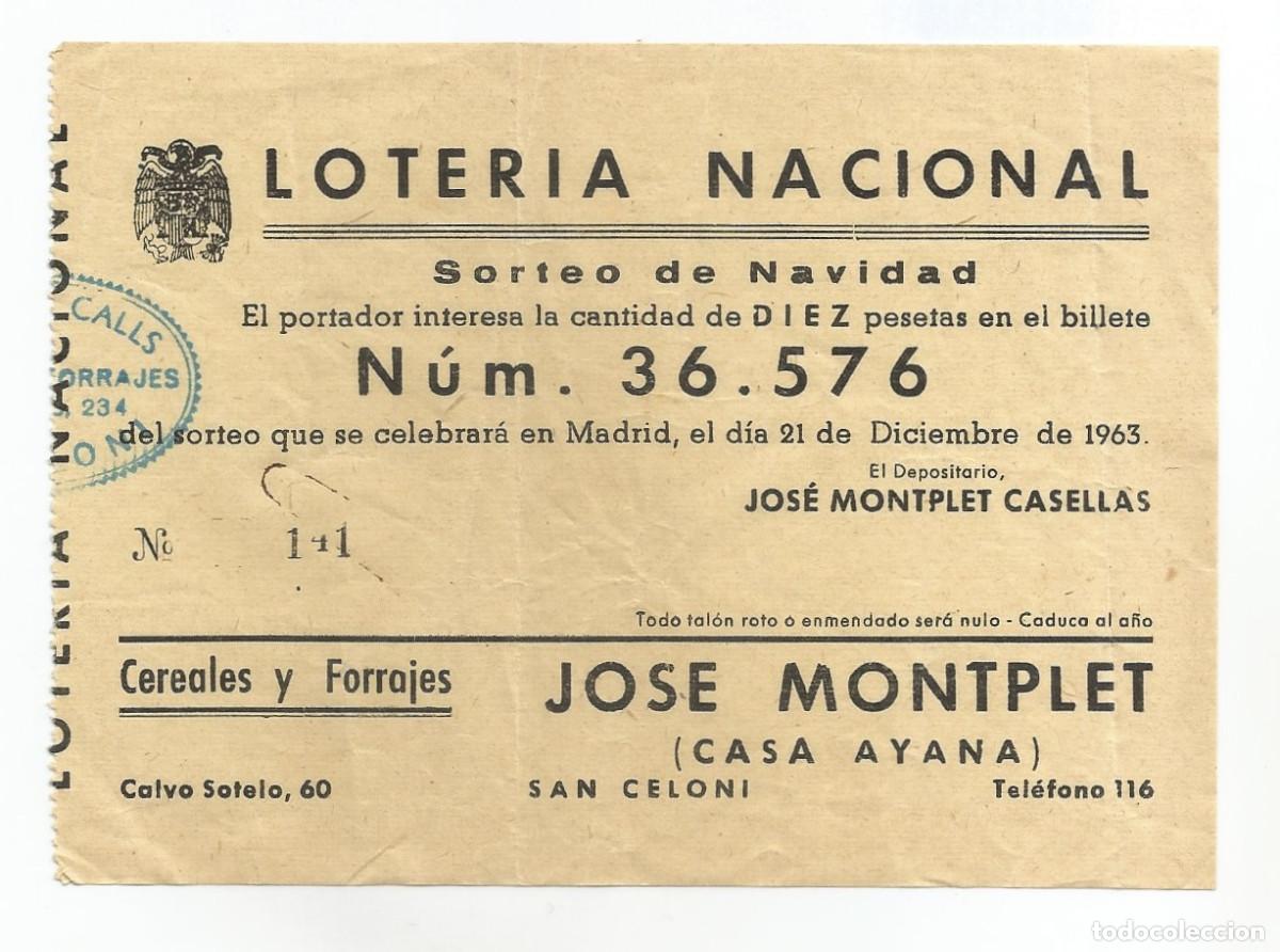 Loter&iacute;a Nacional: PARTICIPACI&Oacute;N PARA SORTEO DE NAVIDAD - 1963 - CEREALES Y FORRAJES JOSE MONTPLET, SAN CELONI