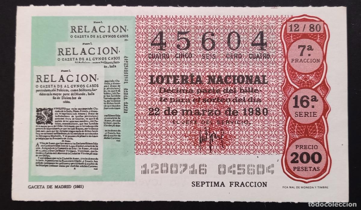 Loter&iacute;a Nacional: D&Eacute;CIMO DE LOTERIA - 22-MARZO-1980 - GACETA DE MADRID