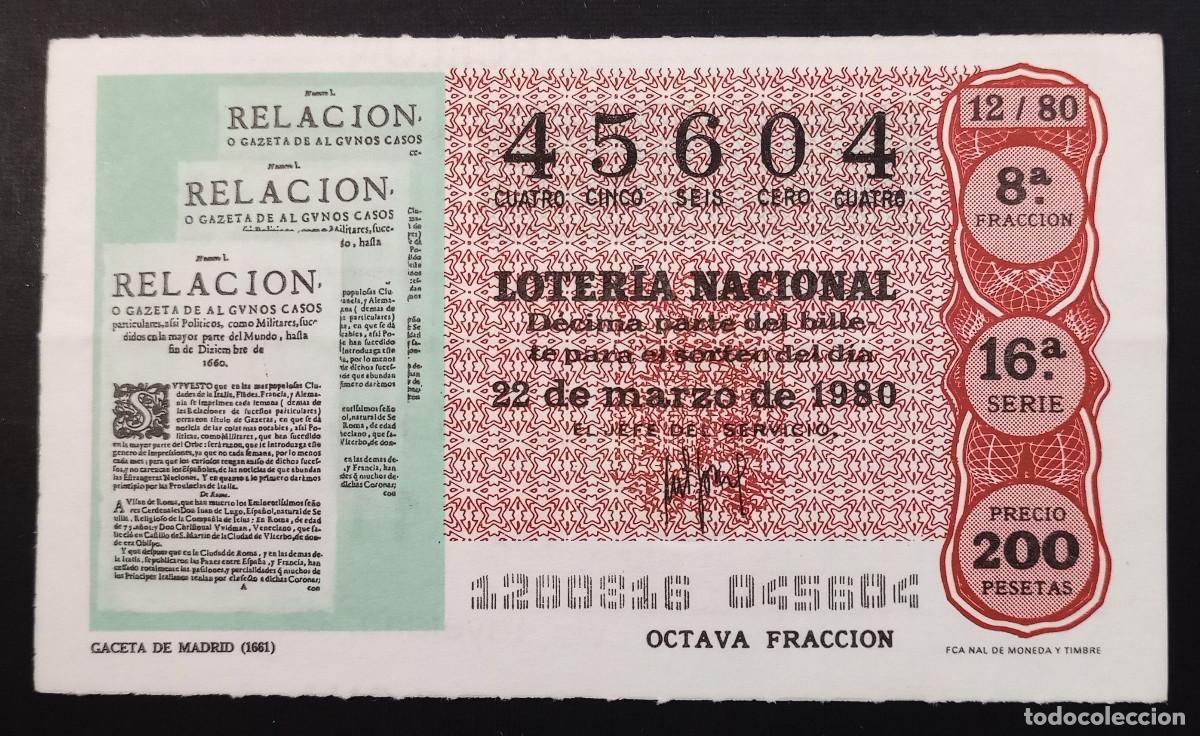 Loter&iacute;a Nacional: D&Eacute;CIMO DE LOTERIA - 22-MARZO-1980 - GACETA DE MADRID