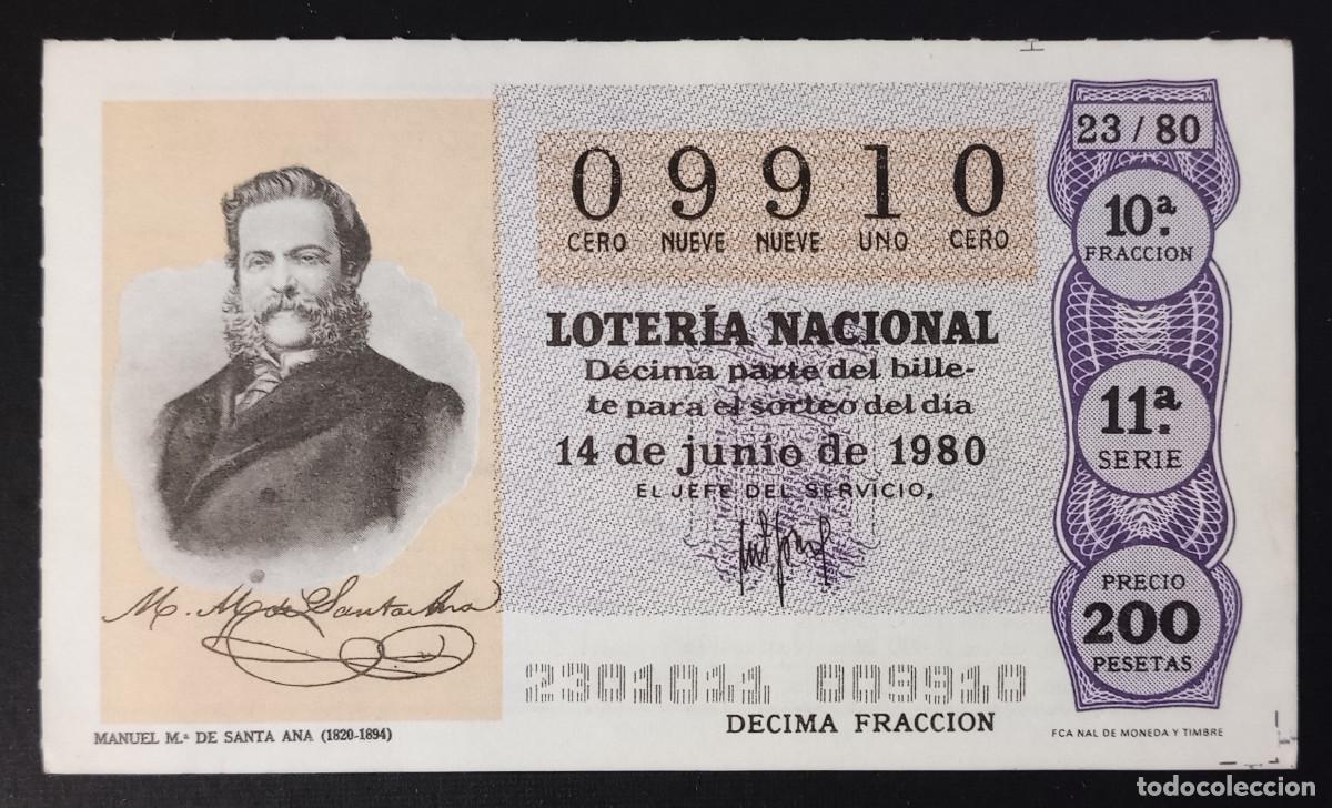 Loter&iacute;a Nacional: D&Eacute;CIMO DE LOTERIA - 14-JUNIO-1980 - MANUEL M&ordf; DE SANTA ANA