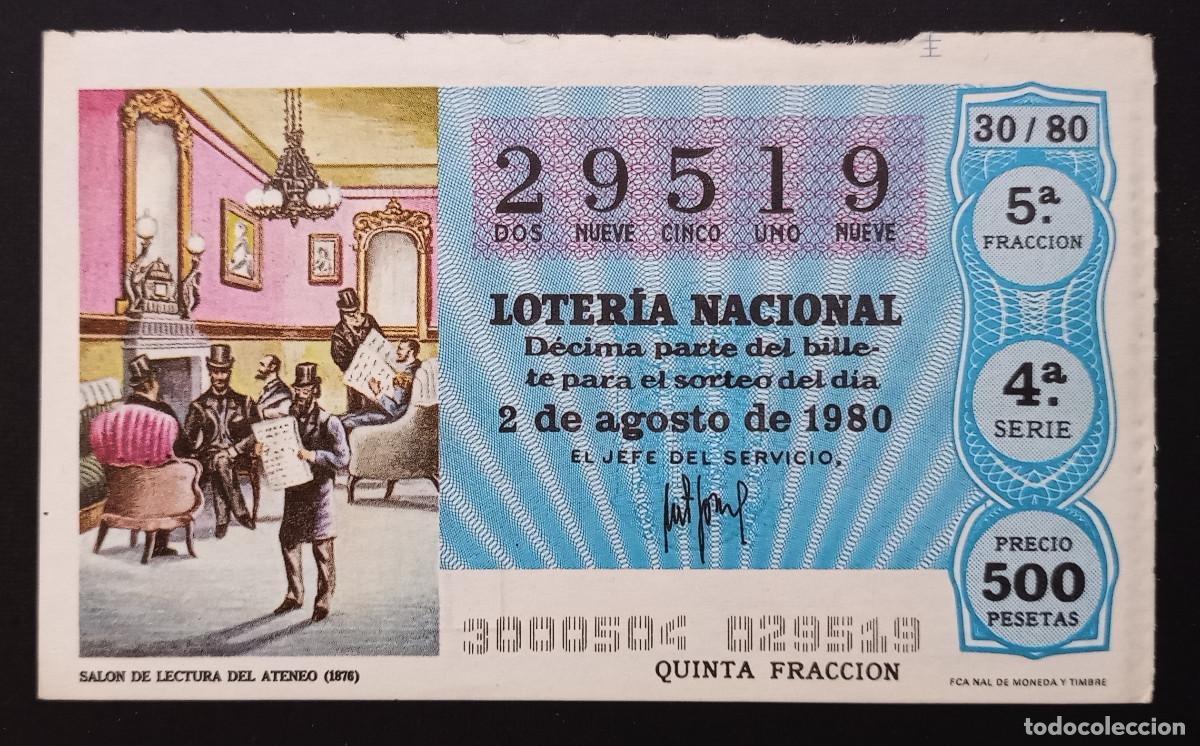 Loter&iacute;a Nacional: D&Eacute;CIMO DE LOTERIA - 2-AGOSTO-1980 - SAL&Oacute;N DE LECTURA DEL ATENEO