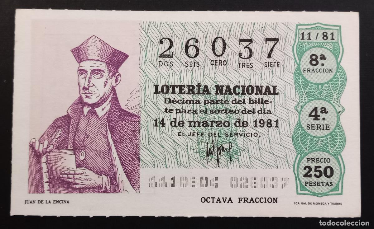 Loter&iacute;a Nacional: D&Eacute;CIMO DE LOTERIA - 14-MARZO-1981 - JUAN DE LA ENCINA