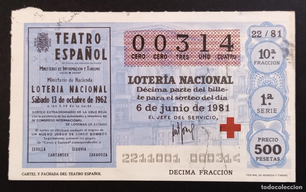 Loter&iacute;a Nacional: D&Eacute;CIMO DE LOTERIA - 6-JUNIO-1981 - CARTEL Y FACHADA DEL TEATRO ESPA&Ntilde;OL