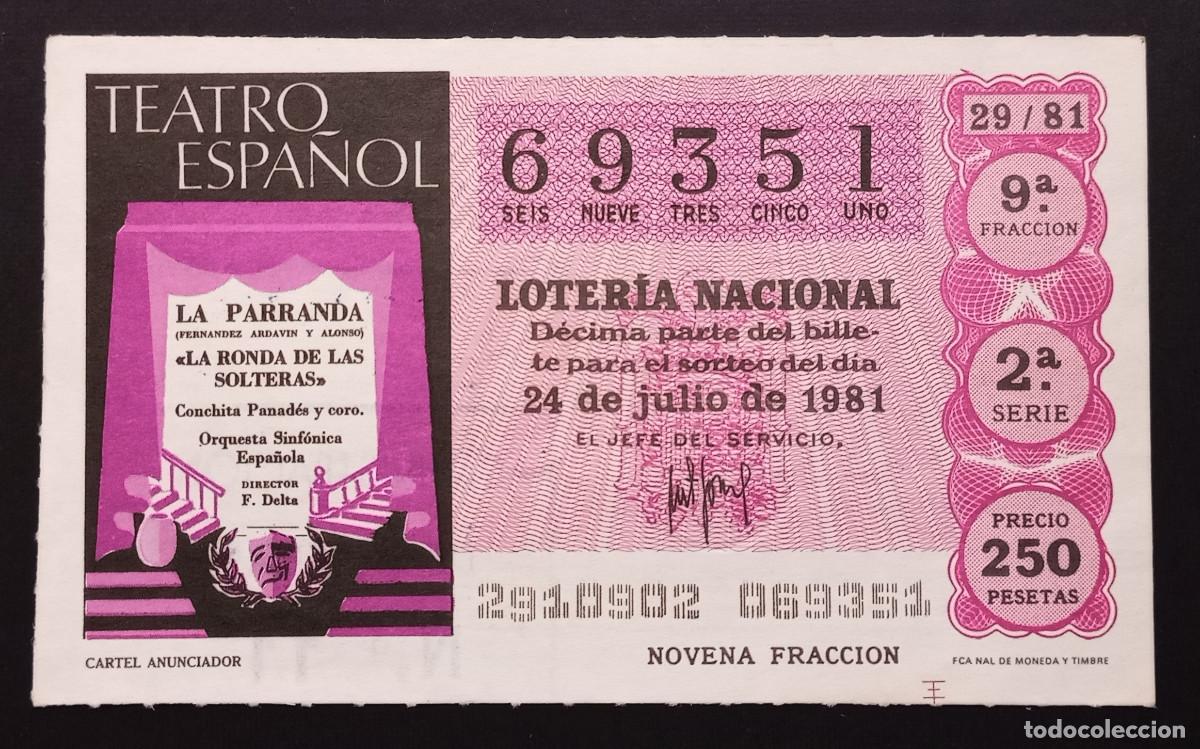 Loter&iacute;a Nacional: D&Eacute;CIMO DE LOTERIA - 24-JULIO-1981 - CARTEL ANUNCIADOR, TEATRO ESPA&Ntilde;OL