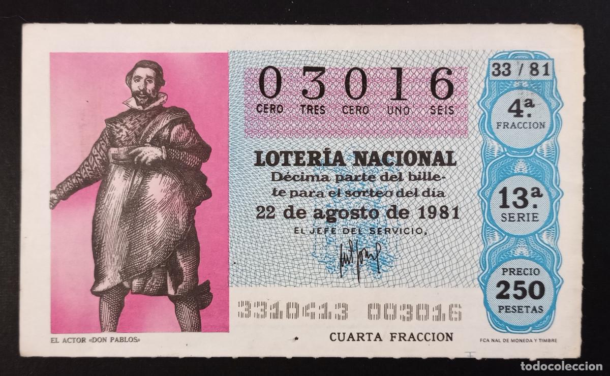Loter&iacute;a Nacional: D&Eacute;CIMO DE LOTERIA - 22-AGOSTO-1981 - EL ACTOR DON PABLOS
