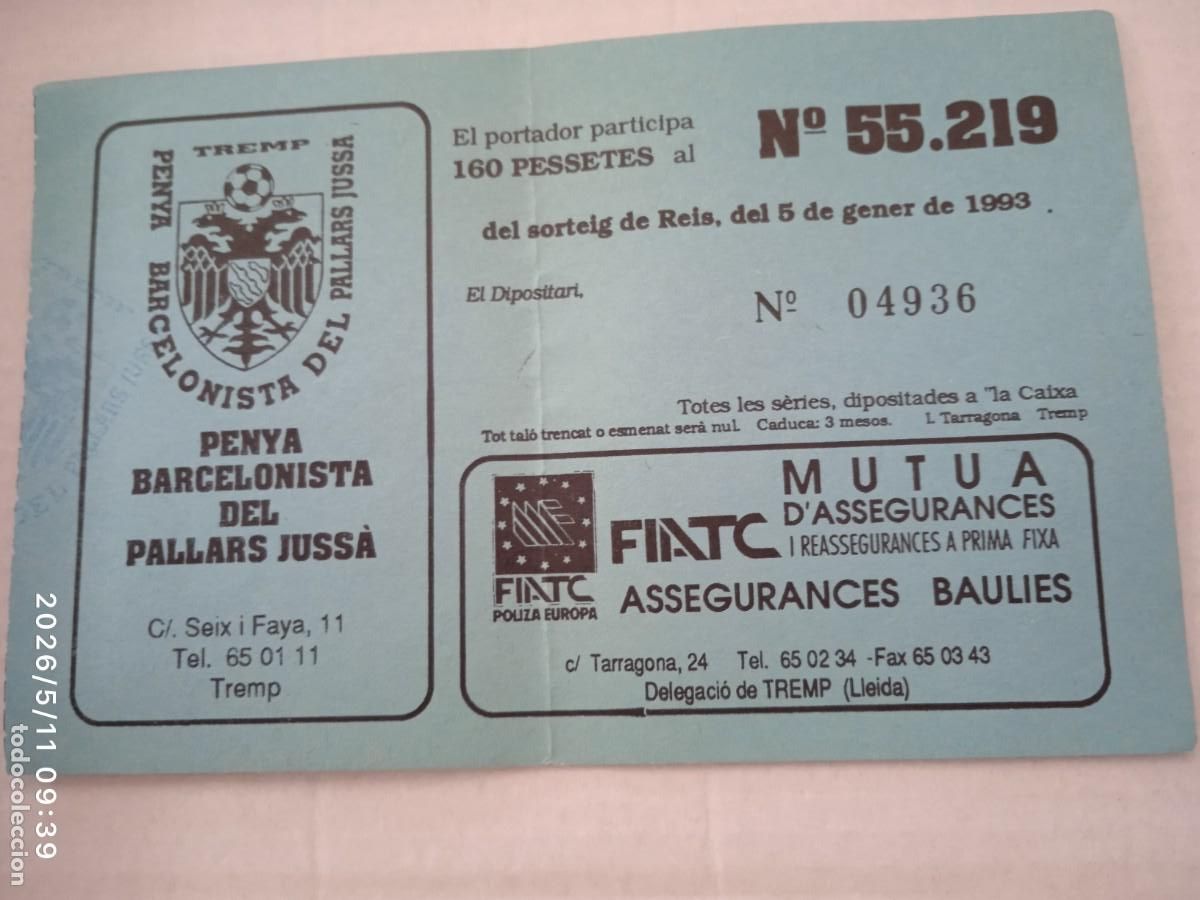 Loter&iacute;a Nacional: PENYA BARCELONISTA DEL PALLARS JUSS&Agrave;, TREMP: PARTICIPACIO LOTERIA DE REIS (1993). N&ordm; 55.219