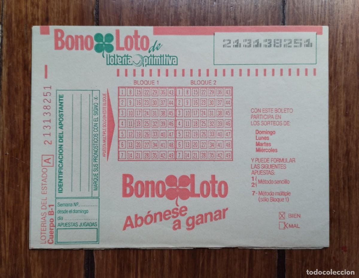 Loter&iacute;a Nacional: Antiguo boleto del sorteo de la Bonoloto (Bono Loto) sin cubrir. A&ntilde;os 80.