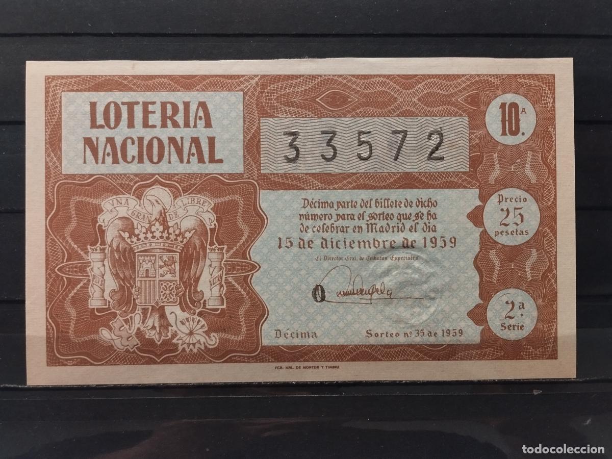 National Spanish Lottery: JT - DECIMO DE LA LOTERIA NACIONAL SORTEO N&ordm; 35/1959. PLANCHA. PERFECTO.