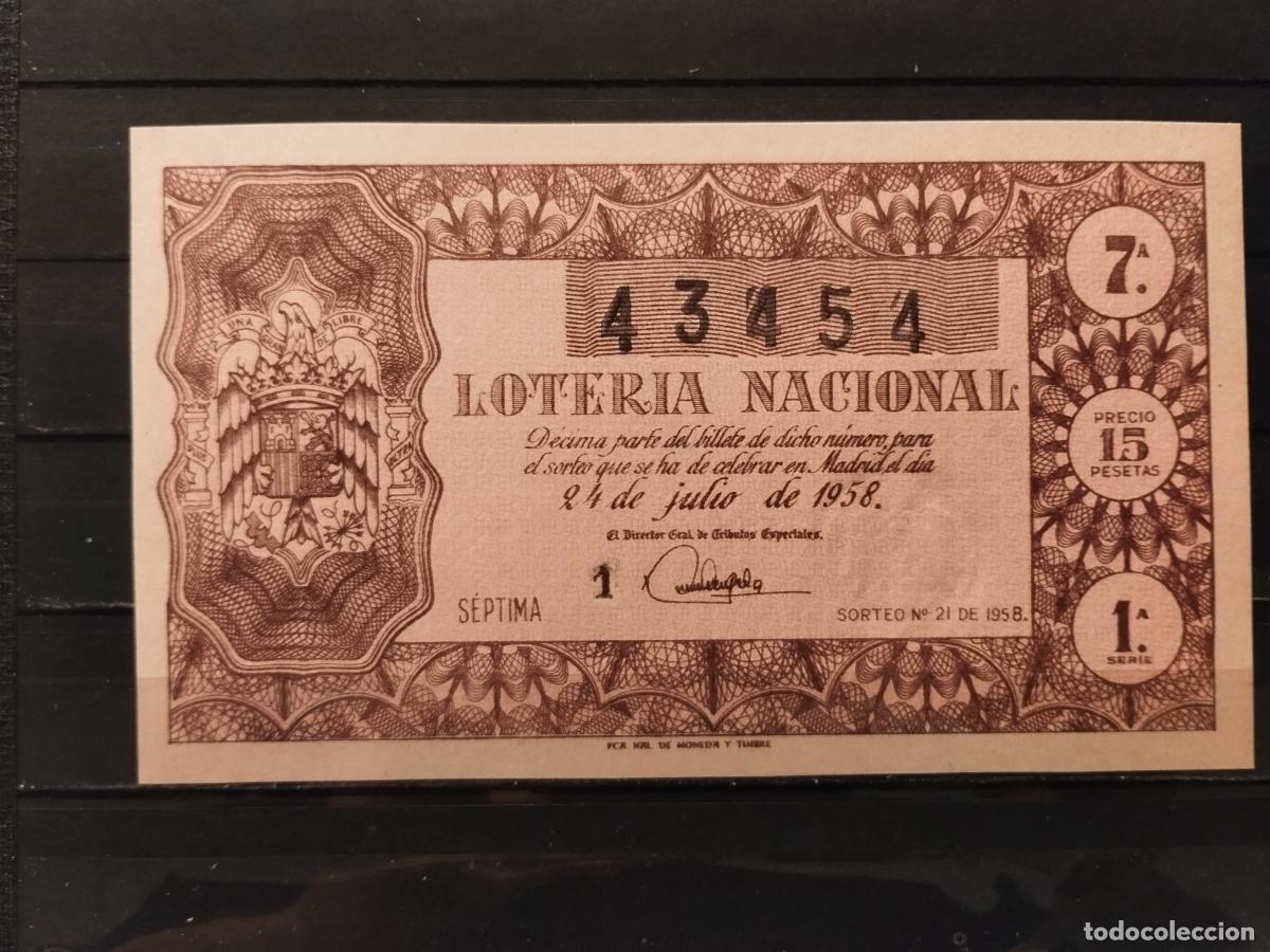 National Spanish Lottery: JT - DECIMO DE LA LOTERIA NACIONAL SORTEO N&ordm; 21/1958. PLANCHA. PERFECTO.