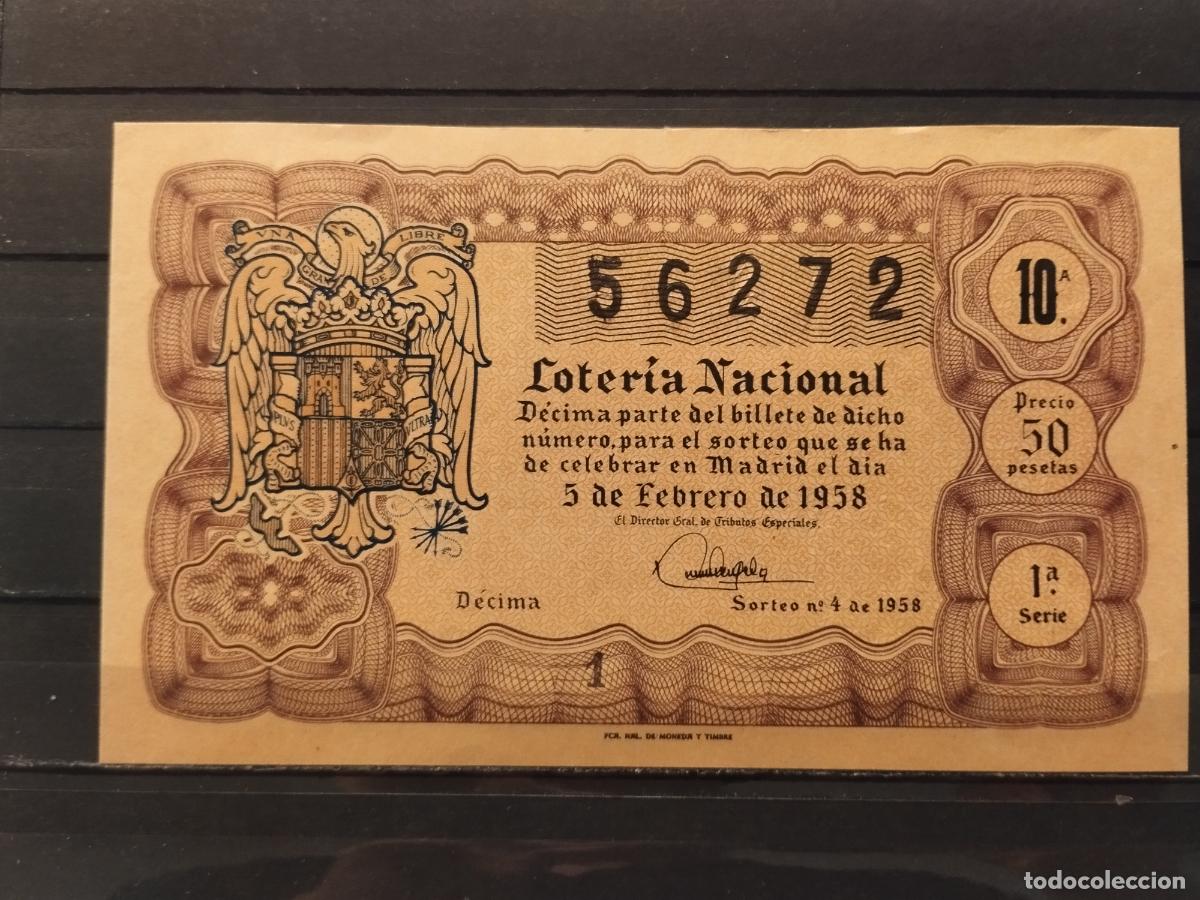 National Spanish Lottery: JT - DECIMO DE LA LOTERIA NACIONAL SORTEO N&ordm; 4/1958. PLANCHA. PERFECTO.