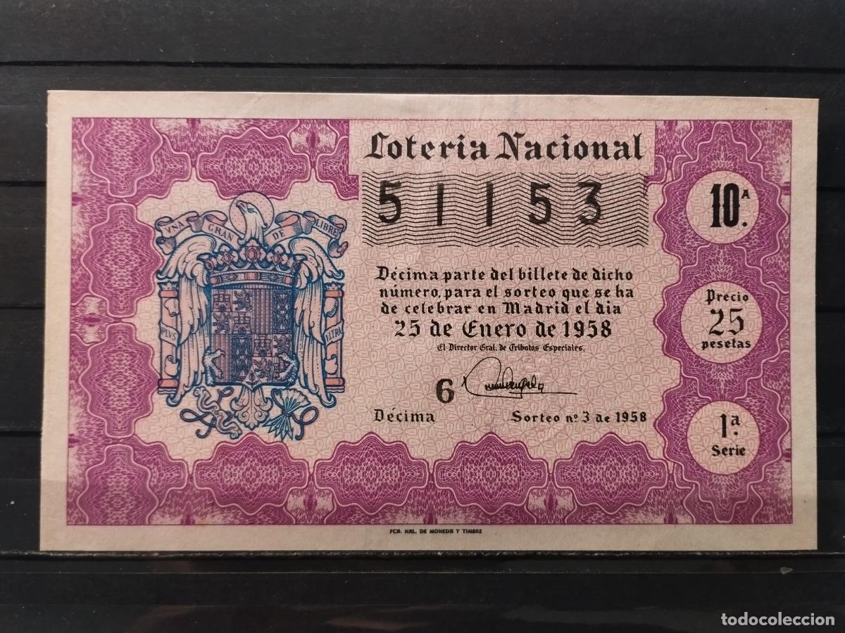 National Spanish Lottery: JT - DECIMO DE LA LOTERIA NACIONAL SORTEO N&ordm; 3/1958. PLANCHA. PERFECTO.