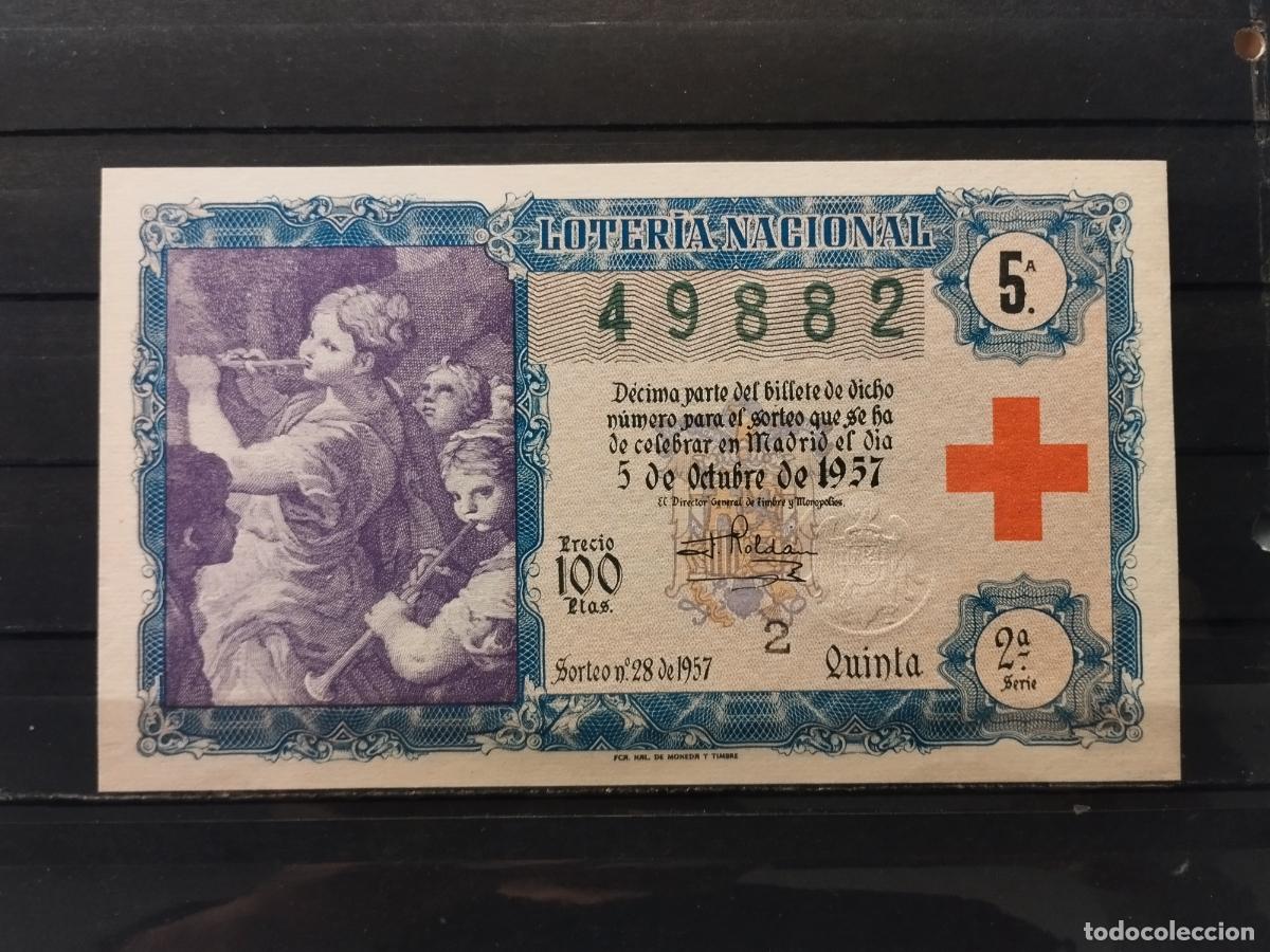 Lotteria Nationale Spagnola: JT - DECIMO DE LA LOTERIA NACIONAL SORTEO N&ordm; 28/1957. CRUZ ROJA. MUSICA. PLANCHA. PERFECTO.